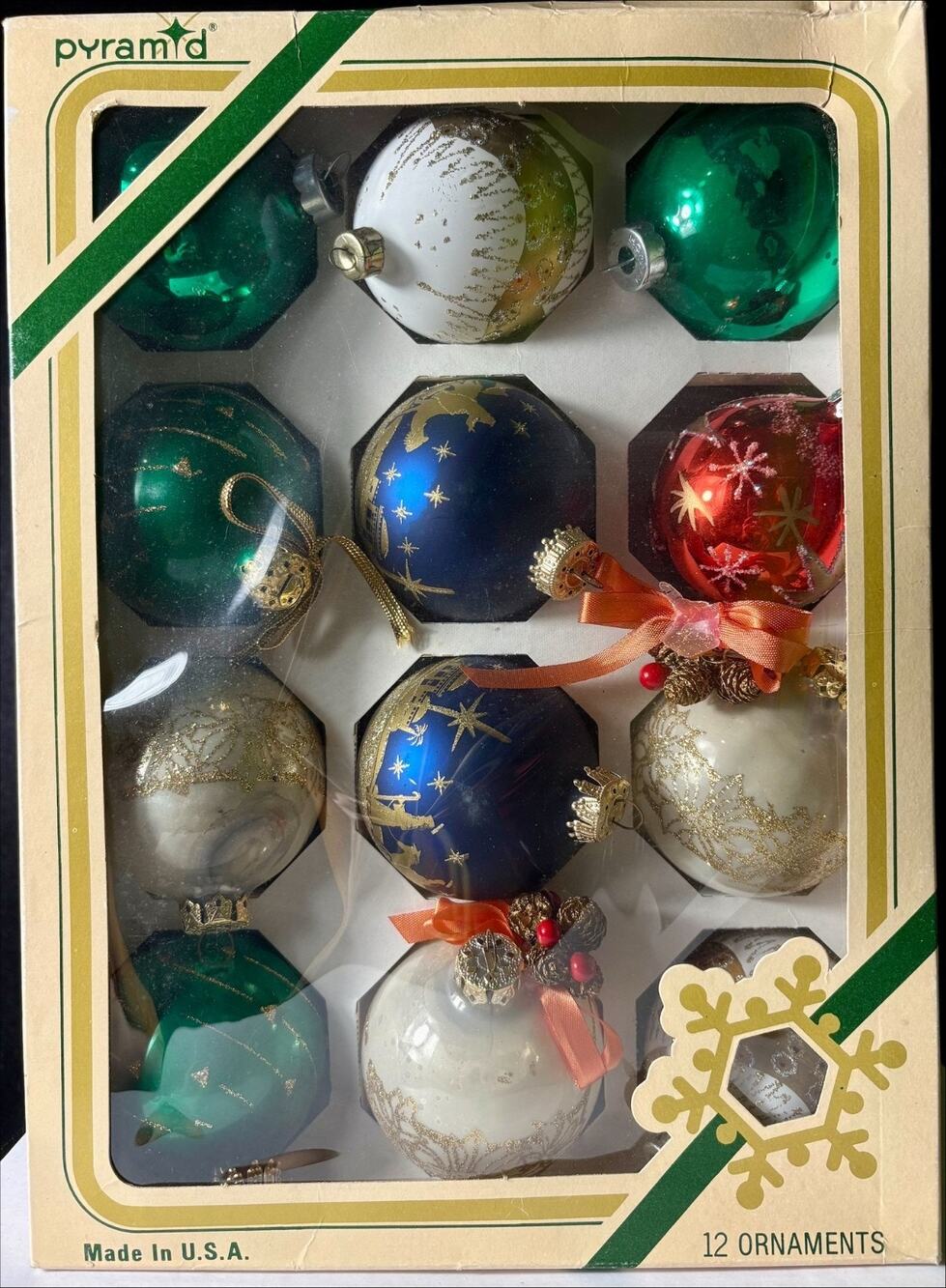 Vintage PYRAMID Glass Christmas Tree Ornaments Lot Of 12 in Original Box